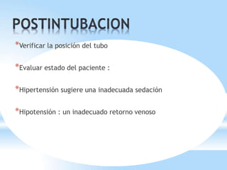 *Verificar la posición del tubo
*Evaluar estado del paciente :
*Hipertensión sugiere una inadecuada sedación
*Hipotensión : un inadecuado retorno venoso
 