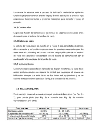 La cámara del secador sirve al proceso de liofilización mediante las siguientes
funciones:(a) proporcionar un entorno limpio y a veces estéril para el proceso; y (b)
proporcionar lastemperaturas y presiones necesarias para congelar y secar el
producto.
3.4.2 Condensador
La principal función del condensador es eliminar los vapores condensables antes
de queentren en el sistema de bombeo de vacío.
3.4.3 Sistema de vacío
El sistema de vacío, según se muestra en la Figura 8, está conectado a la cámara
delcondensador y su función es proporcionar las presiones necesarias para las
fases desecado primario y secundario. Los dos rasgos principales de un sistema
de vacío que requieren consideración son la tubería de comunicación con el
condensador y la naturaleza de la bomba de vacío.
3.4.4 Instrumentación
La instrumentación asociada con liofilizador es de gran importancia. El logro de un
óptimo producto requiere un sistema de control que reproduzca el proceso de
liofilización, siempre que esté dentro de los límites del equipamiento y de un
sistema de recolección de datos que verifique la consistencia del proceso.
3.5 CLASES DE EQUIPOS
En el mercado comercial se puede conseguir equipos de laboratorio (ver Fig. 6 –
7), para planta piloto (ver Fig. 8) e industria (ver Fig. 9), de variadas
especificaciones (ver tabla).
 