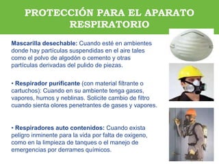 ARP SURA
ARP SURA
Mascarilla desechable: Cuando esté en ambientes
donde hay partículas suspendidas en el aire tales
como el polvo de algodón o cemento y otras
partículas derivadas del pulido de piezas.
• Respirador purificante (con material filtrante o
cartuchos): Cuando en su ambiente tenga gases,
vapores, humos y neblinas. Solicite cambio de filtro
cuando sienta olores penetrantes de gases y vapores.
• Respiradores auto contenidos: Cuando exista
peligro inminente para la vida por falta de oxigeno,
como en la limpieza de tanques o el manejo de
emergencias por derrames químicos.
PROTECCIÓN PARA EL APARATO
RESPIRATORIO
 