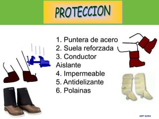 ARP SURA
ARP SURA
1. Puntera de acero
2. Suela reforzada
3. Conductor
Aislante
4. Impermeable
5. Antidelizante
6. Polainas
 