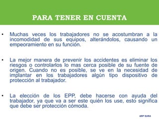 ARP SURA
ARP SURA
PARA TENER EN CUENTA
• Muchas veces los trabajadores no se acostumbran a la
incomodidad de sus equipos, alterándolos, causando un
empeoramiento en su función.
• La mejor manera de prevenir los accidentes es eliminar los
riesgos o controlarlos lo mas cerca posible de su fuente de
origen. Cuando no es posible, se ve en la necesidad de
implantar en los trabajadores algún tipo dispositivo de
protección al trabajador.
• La elección de los EPP, debe hacerse con ayuda del
trabajador, ya que va a ser este quién los use, esto significa
que debe ser protección cómoda.
 