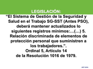 ARP SURA
ARP SURA
LEGISLACIÓN:
“El Sistema de Gestión de la Seguridad y
Salud en el Trabajo SG-SST (Antes PSO),
deberá mantener actualizados lo
siguientes registros mínimos:…(…) 5.
Relación discriminada de elementos de
protección personal que suministren a
los trabajadores.”.
Ordinal 5, Artículo 14
de la Resolución 1016 de 1979.
 
