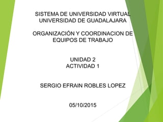 SISTEMA DE UNIVERSIDAD VIRTUAL
UNIVERSIDAD DE GUADALAJARA
ORGANIZACIÓN Y COORDINACION DE
EQUIPOS DE TRABAJO
UNIDAD 2
ACTIVIDAD 1
SERGIO EFRAIN ROBLES LOPEZ
05/10/2015
 