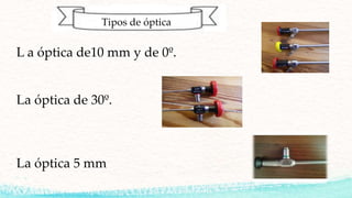 L a óptica de10 mm y de 0º.
La óptica de 30º.
La óptica 5 mm
Tipos de óptica
 