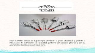 TROCARES
Mejor llamadas cánulas de Laparoscopio atraviesan la pared abdominal y permite la
introducción de instrumentos en la calidad peritoneal con distintos grosores y con las
características de utilizar un sistema de cierre.
 