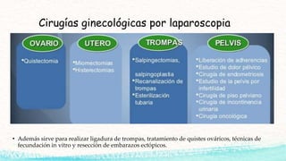 Cirugías ginecológicas por laparoscopia
• Además sirve para realizar ligadura de trompas, tratamiento de quistes ováricos, técnicas de
fecundación in vitro y resección de embarazos ectópicos.
 