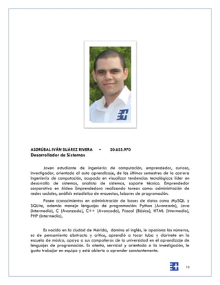 ASDRÚBAL IVÁN SUÁREZ RIVERA        -     20.655.970
Desarrollador de Sistemas

        Joven estudiante de ingeniería de computación, emprendedor, curioso,
investigador, orientado al auto aprendizaje, de los últimos semestres de la carrera
ingeniería de computación, ocupado en visualizar tendencias tecnológicas líder en
desarrollo de sistemas, analista de sistemas, soporte técnico. Emprendedor
corporativo en Aldea Emprendedora realizando tareas como: administración de
redes sociales, análisis estadístico de encuestas, labores de programación.
       Posee cconocimientos en administración de bases de datos como MySQL y
SQLite, además maneja lenguajes de programación: Python (Avanzado), Java
(Intermedio), C (Avanzado), C++ (Avanzado), Pascal (Básico), HTML (Intermedio),
PHP (Intermedio),


       Es nacido en la ciudad de Mérida, domina el inglés, le apasiona los números,
es de pensamiento abstracto y crítico, aprendió a tocar tuba y clarinete en la
escuela de música, apoya a sus compañeros de la universidad en el aprendizaje de
lenguajes de programación. Es atento, servicial y orientado a la investigación, le
gusta trabajar en equipo y está abierto a aprender constantemente.


                                                                                 10
 
