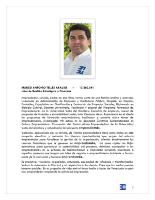 MARCO ANTONIO TELLES ARAUJO             -       13.260.541
Líder de Gestión Estratégica y Finanzas

Emprendedor, casado, padre de dos niños, forma parte de una familia andina y amorosa.
Licenciado en Administración de Empresas y Contaduría Pública, Magíster en Ciencias
Contables, Especialista en Planificación y Evaluación de Proyectos Sociales, Diplomado en
Biología Cultural. Docente universitario, facilitador y coautor del Programa Formación de
Emprendedores de la Universidad Valle del Momboy. Consultor de empresas, asesor de
proyectos de inversión y sostenibilidad social, tutor Concurso Ideas. Experiencia en el diseño
de programas de formación emprendedora, facilitador y ponente sobre temas de
emprendimiento, investigador PEI activo en la Sociedad Científica Sustentabilidad en
Cultura Emprendedora. Co-creador del Centro Aldea Emprendedora de la Universidad
Valle del Momboy y actualmente del proyecto emprendamás.
Valerano, apasionado por su terruño, de familia emprendedora tiene como metas en este
proyecto: visualizar y concretar las diversas oportunidades que surgen del entorno
emprendedor para fortalecer la gestión de la organización; orientar efectivamente los
recursos financieros que se generen en emprendamás, asi como captar los flujos
económicos para garantizar la sostenibilidad del proyecto. Asimismo acompañar a los
emprendedores en su proceso de transformación e innovación personal, inspirando a
aquellas personas que tengan una idea de negocio o emprendimiento incipiente a formar
parte de la red social y humana emprendamás.
Es proactivo, visionario, negociador, entusiasta, capacidad de influencia y transformación.
Valora la autonomía la libertad y el respeto hacia los demás. Cree que los sueños pueden
hacerse posibles. En su proposito de vida está el dejar huella y hacer de Venezuela un país
mas emprendedor ampliando la actividad empresarial.




                                                                                            7
 