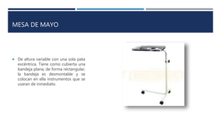 MESA DE MAYO
 De altura variable con una sola pata
excéntrica. Tiene como cubierta una
bandeja plana, de forma rectangular,
la bandeja es desmontable y se
colocan en ella instrumentos que se
usaran de inmediato.
 
