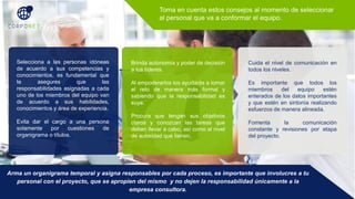 Selecciona a las personas idóneas
de acuerdo a sus competencias y
conocimientos, es fundamental que
te asegures que las
responsabilidades asignadas a cada
uno de los miembros del equipo van
de acuerdo a sus habilidades,
conocimientos y área de experiencia.
Evita dar el cargo a una persona
solamente por cuestiones de
organigrama o títulos.
Brinda autonomía y poder de decisión
a tus líderes.
Al empoderarlos los ayudarás a tomar
el reto de manera más formal y
sabiendo que la responsabilidad es
suya.
Procura que tengan sus objetivos
claros y conozcan las tareas que
deben llevar a cabo, así como el nivel
de autoridad que tienen.
Cuida el nivel de comunicación en
todos los niveles.
Es importante que todos los
miembros del equipo estén
enterados de los datos importantes
y que estén en sintonía realizando
esfuerzos de manera alineada.
Fomenta la comunicación
constante y revisiones por etapa
del proyecto.
Toma en cuenta estos consejos al momento de seleccionar
al personal que va a conformar el equipo.
Arma un organigrama temporal y asigna responsables por cada proceso, es importante que involucres a tu
personal con el proyecto, que se apropien del mismo y no dejen la responsabilidad únicamente a la
empresa consultora.
 