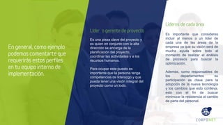 En general, como ejemplo
podemos comentarte que
requerirás estos perfiles
en tu equipo interno de
implementación.
Líderes de cada área
Es importante que consideres
incluir al menos a un líder de
cada una de las áreas de la
empresa ya que su visión será de
mucha ayuda sobre todo al
momento de realizar el análisis
de procesos para buscar la
optimización.
Además, como responsables de
los departamentos su
participación es clave para la
adopción de la nueva tecnología
y los cambios que esto conlleva,
esto con el fin de buscar
minimizar la resistencia al cambio
de parte del personal.
Líder o gerente de proyecto
Es una pieza clave del proyecto y
es quien en conjunto con la alta
dirección se encarga de la
planificación del proyecto,
coordinar las actividades y a los
recursos humanos.
Para ocupar este puesto es
importante que la persona tenga
competencias de liderazgo y que
pueda tener una visión integral del
proyecto como un todo.
 