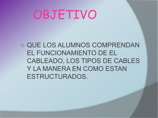 OBJETIVO

   QUE LOS ALUMNOS COMPRENDAN
    EL FUNCIONAMIENTO DE EL
    CABLEADO, LOS TIPOS DE CABLES
    Y LA MANERA EN COMO ESTAN
    ESTRUCTURADOS.
 