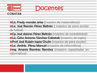 Lic. Fredy morales arias (maestro de matemáticas)
Lic. José Ramón Pérez Beltrán ( maestro de para escolar
de futbol)
Cp. José dolores Pérez Beltrán (maestro de contabilidad)
Lic. Celso Antonio Sánchez Cabatab (maestro de ingles)
Prof. José Rubén tapia Chulin (maestro de para escolar)
Lic. Andrés Pérez Manuel (maestro de informática)
ing. Arsenio Ramírez Ramírez (maestro capacitador en
informática)
Docentes
 