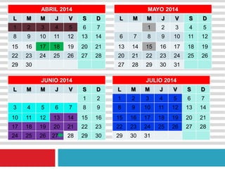 ABRIL 2014
L M M J V S D
1 2 3 4 5 6 7
8 9 10 11 12 13 14
15 16 17 18 19 20 21
22 23 24 25 26 27 28
29 30
MAYO 2014
L M M J V S D
1 2 3 4 5
6 7 8 9 10 11 12
13 14 15 16 17 18 19
20 21 22 23 24 25 26
27 28 29 30 31
JUNIO 2014
L M M J V S D
1 2
3 4 5 6 7 8 9
10 11 12 13 14 15 16
17 18 19 20 21 22 23
24 25 26 27 28 29 30
JULIO 2014
L M M J V S D
1 2 3 4 5 6 7
8 9 10 11 12 13 14
15 16 17 18 19 20 21
22 23 24 25 26 27 28
29 30 31
 