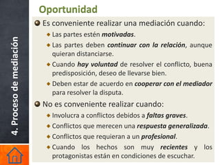 Oportunidad
                          Es conveniente realizar una mediación cuando:
                            Las partes estén motivadas.
4. Proceso de mediación


                            Las partes deben continuar con la relación, aunque
                            quieran distanciarse.
                            Cuando hay voluntad de resolver el conflicto, buena
                            predisposición, deseo de llevarse bien.
                            Deben estar de acuerdo en cooperar con el mediador
                            para resolver la disputa.
                          No es conveniente realizar cuando:
                            Involucra a conflictos debidos a faltas graves.
                            Conflictos que merecen una respuesta generalizada.
                            Conflictos que requieran a un profesional.
                            Cuando los hechos son muy recientes y los
                            protagonistas están en condiciones de escuchar.
 