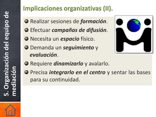 5. Organización del equipo de   Implicaciones organizativas (II).
                                  Realizar sesiones de formación.
                                  Efectuar campañas de difusión.
                                  Necesita un espacio físico.
                                  Demanda un seguimiento y
                                  evaluación.
                                  Requiere dinamizarlo y avalarlo.
mediación




                                  Precisa integrarlo en el centro y sentar las bases
                                  para su continuidad.
 