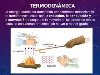 La energía puede ser transferida por diferentes mecanismos
de transferencia, estos son la radiación, la conducción y
la convección, aunque en la mayoría de los procesos reales
todos se encuentran presentes en mayor o menor grado.
TERMODINÁMICA
 