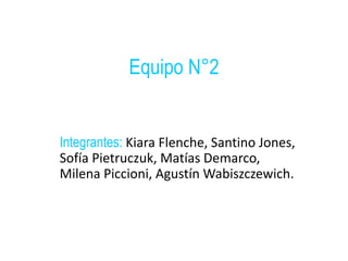 Equipo N°2
Integrantes: Kiara Flenche, Santino Jones,
Sofía Pietruczuk, Matías Demarco,
Milena Piccioni, Agustín Wabiszczewich.
 