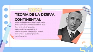 Alfred Wegener propuso la teoría de la
deriva continental en la década de 1920.
Basó su teoría en pruebas
paleoclimáticas, geológicas y
paleontológicas. Sin embargo, en ese
momento no pudo ser probada
científicamente.
TEORIA DE LA DERIVA
CONTINENTAL
 