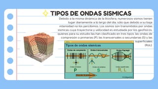 TIPOS DE ONDAS SISMICAS
Debido a la misma dinámica de la litosfera, numerosos sismos tienen
lugar diariamente a lo largo del día, sólo que debido a su baja
intensidad no los percibimos. Los sismos son transmitidos por ondas
sísmicas cuya trayectoria y velocidad es estudiada por los geofisicos,
quienes para su estudio las han clasificado en tres tipos: las ondas de
compresión o primarias (P), las transversales o secundarias (S) y las
superficiales
(RoL).
 
