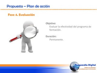 Fase 4. Evaluación
Propuesta – Plan de acción
Objetivo:
Evaluar la efectividad del programa de
formación.
Duración:
Permanente.
 