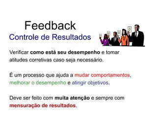 Feedback
Controle de Resultados
Verificar como está seu desempenho e tomar
atitudes corretivas caso seja necessário.
É um processo que ajuda a mudar comportamentos,
melhorar o desempenho e atingir objetivos.
Deve ser feito com muita atenção e sempre com
mensuração de resultados.
 