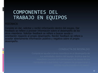 COMPONENTES DEL TRABAJO EN EQUIPOS CONDUCTA DE RESPALDO Consiste en ayudar a otros miembros en el desempeño de sus actividades dentro del equipo. Implica que los miembros conocen suficientemente las tareas de sus compañeros y que todos  son capaces de proporcionar y solicitar ayuda cuando es necesario. FEEDBACK Consiste en dar, solicitar y recibir información dentro del equipo. Dar feedback se refiere a proveer información sobre el desempeño de los otros miembros. Solicitar feedback se refiere a buscar ayuda u orientación respecto al propio desempeño. Recibir feedback se refiere a aceptar abiertamente información positiva y negativa sobre el propio desempeño. 