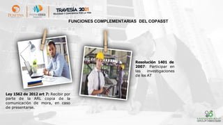 Resolución 1401 de
2007: Participar en
las investigaciones
de los AT
Ley 1562 de 2012 art 7: Recibir por
parte de la ARL copia de la
comunicación de mora, en caso
de presentarse.
FUNCIONES COMPLEMENTARIAS DEL COPASST
 