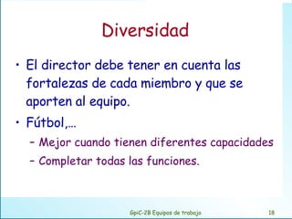 Diversidad El director debe tener en cuenta las fortalezas de cada miembro y que se aporten al equipo. Fútbol,… Mejor cuando tienen diferentes capacidades Completar todas las funciones. GpiC-2B Equipos de trabajo 