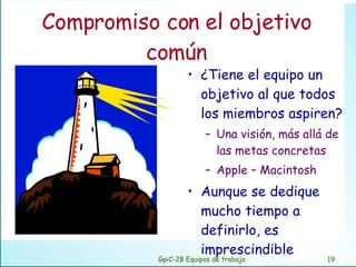 Compromiso con el objetivo común ¿Tiene el equipo un objetivo al que todos los miembros aspiren? Una visión, más allá de las metas concretas Apple – Macintosh Aunque se dedique mucho tiempo a definirlo, es imprescindible GpiC-2B Equipos de trabajo 