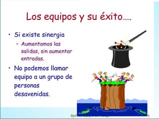 Los equipos y su éxito…. Si existe sinergia Aumentamos las salidas, sin aumentar entradas. No podemos llamar equipo a un grupo de personas desavenidas. GpiC-2B Equipos de trabajo 