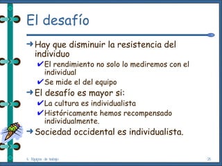 El desafío Hay que disminuir la resistencia del individuo El rendimiento no solo lo mediremos con el individual Se mide el del equipo El desafío es mayor si: La cultura es individualista Históricamente hemos recompensado individualmente. Sociedad occidental es individualista. 4. Equipos de trabajo 