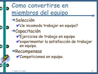 Como convertirse en miembros del equipo Selección ¿le incomoda trabajar en equipo? Capacitación Ejercicios de trabajo en equipo experimentar la satisfacción de trabajar en equipo. Recompensas Competiciones en equipo. 4. Equipos de trabajo 