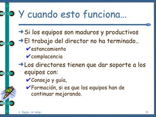 Y cuando esto funciona… Si los equipos son maduros y productivos El trabajo del director no ha terminado.. estancamiento complacencia Los directores tienen que dar soporte a los equipos con:  Consejo y guía, Formación, si es que los equipos han de continuar mejorando. 4. Equipos de trabajo 