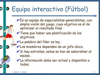 Equipo interactivo (Fútbol) Es un equipo de especialistas-generalistas, con amplia visión del juego, cuyo objetivo es el de optimizar el resultado final. Tiene que haber una planificación de los objetivos. La palabra del líder es ley. Los miembros dependen de un jefe único. Si hay estrellas, estas se han de subordinar al equipo. La información debe ser actual y disponible a todos. 4. Equipos de trabajo 