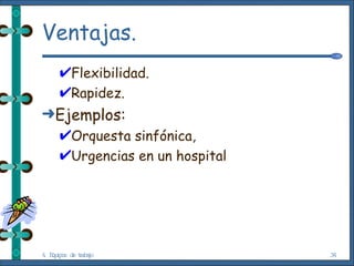 Ventajas. Flexibilidad. Rapidez. Ejemplos: Orquesta sinfónica, Urgencias en un hospital 4. Equipos de trabajo