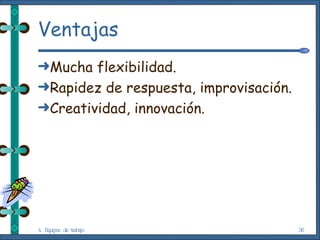 Ventajas Mucha flexibilidad. Rapidez de respuesta, improvisación. Creatividad, innovación. 4. Equipos de trabajo 