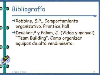 Bibliografía Robbins, S.P., Comportamiento organizativo. Prentice hall Drucker,P y Palom, J. (Vídeo y manual) “Team Building”. Como organizar equipos de alto rendimiento. 4. Equipos de trabajo 