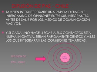 TAMBIÉN INTERNET PERMITE UNA RÁPIDA DIFUSIÓN E INTERCAMBIO DE OPINIONES ENTRE SUS INTEGRANTES, ANTES DE SALIR POR LOS MEDIOS DE COMUNICACIÓN MASIVOS.  Y SI CADA UNO HACE LLEGAR A SUS CONTACTOS ESTA NUEVA INICIATIVA, SERÁN RÁPIDAMENTE CIENTOS Y MILES LOS QUE INTEGRARÁN LAS COMISIONES TEMÁTICAS.  INICIA-DORES DIFUSIÓN DE  PAS – CHILE  