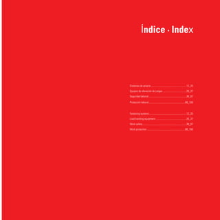fastening system
                                                                                            lifting system
                                                                                           safety at work
                                                                                       protection at work




ESLINGAS PLANAS                                                FLAT SLINGS
Las eslingas fabricadas por Patacho de doble capa con          The flat slings with a double layer and loops that are
gaza, se emplean para elevación de cargas pesadas de           produced by Patacho are used to lift particularly heavy
todo tipo.                                                     loads of all kinds.
Las eslingas fabricadas de poliéster son muy flexibles y       The slings that are made of polyester are very light and
ligeras, fabricadas en poliéster de alta tenacidad 100%. El    flexible and have a toughness of 100%. This polyester
poliéster recibe un tratamiento adicional superficial que la   receives additional treatment which makes it particularly
hace resistente a los agentes atmosféricos externos.           resistant to external atmospheric conditions.

Son identificadas con una etiqueta de color azul, según        They are identifiable due to the blue sticker they
código de color, con las características técnicas, mecánicas   have which contains the technical and mechanical
y de utilización según el marcado CE.                          characteristics in accordance with the CE.
                                                               The range of slings at Patacho includes flat slings, tubular
La gama Patacho de productos de elevación comprende
                                                               slings. All of these products have a safety coefficiency
eslingas de poliéster planas y tubulares, todas ellas con un
                                                               of 7:1.
coeficiente de seguridad de 7 a 1.
                                                               They are made by robots programmed to guarantee a
Son fabricadas con máquinas robotizadas programables           uniformly high standard of all the products and be suitable
lo que le garantiza un acabado homogéneo y firme en            in all kinds of heavy industry.
procesos industriales de grandes partidas.
                                                               Quality control system ISO 9001 approved by AENOR and
Sistema de calidad ISO 9001 certificado por AENOR y            made in accordance with the CE legislation EN 1492-1.
fabricadas según norma CE: EN 1492-1.
                                                               *	This is the standard range of slings, please enquire in the
*	Se presenta la gama estándar, consulte en fábrica otros        factory for information about other models and made to
  modelos a medida según el trabajo a realizar.                  measure designs.
 