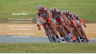 Equipos BOLT
Crecen en Liderazgo, Talento,
Valores e Inteligencia Social
Teniendo un ecosistema donde
prima el clima inspirador
y perdura una visión, el feedback y
la adherencia es el fin.
 