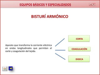 BISTURÍ ARMÓNICO
Aparato que transforma la corriente eléctrica
en ondas longitudinales que permiten el
corte y coagulación del tejido.
CORTA
COAGULACIÓN
DISECA
 