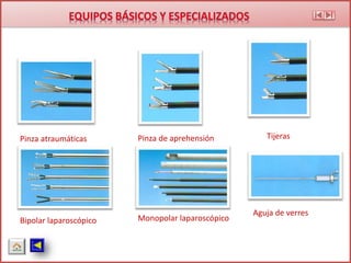 Pinza atraumáticas Pinza de aprehensión Tijeras
Bipolar laparoscópico Monopolar laparoscópico
Aguja de verres
 