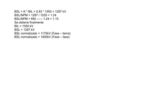 BSL = K * BIL = 0.83 * 1550 = 1287 kV
BSL/NPM = 1287 / 1035 = 1.24
BSL/NPM > KM ------ 1.24 > 1.15
Se obtiene finalmente
BIL = 1550 kV
BSL = 1287 kV
BSL normalizado = 1175kV (Fase – tierra)
BSL normalizado = 1800kV (Fase – fase)
 