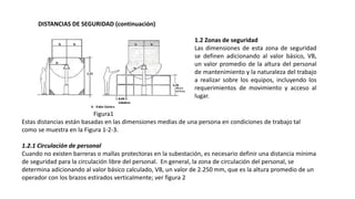 DISTANCIAS DE SEGURIDAD (continuación)
1.2 Zonas de seguridad
Las dimensiones de esta zona de seguridad
se definen adicionando al valor básico, VB,
un valor promedio de la altura del personal
de mantenimiento y la naturaleza del trabajo
a realizar sobre los equipos, incluyendo los
requerimientos de movimiento y acceso al
lugar.
Figura1
Estas distancias están basadas en las dimensiones medias de una persona en condiciones de trabajo tal
como se muestra en la Figura 1-2-3.
1.2.1 Circulación de personal
Cuando no existen barreras o mallas protectoras en la subestación, es necesario definir una distancia mínima
de seguridad para la circulación libre del personal. En general, la zona de circulación del personal, se
determina adicionando al valor básico calculado, VB, un valor de 2.250 mm, que es la altura promedio de un
operador con los brazos estirados verticalmente; ver figura 2
 
