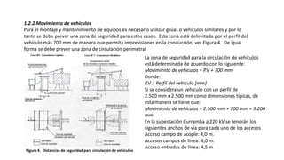 1.2.2 Movimiento de vehículos
Para el montaje y mantenimiento de equipos es necesario utilizar grúas o vehículos similares y por lo
tanto se debe prever una zona de seguridad para estos casos. Esta zona está delimitada por el perfil del
vehículo más 700 mm de manera que permita imprevisiones en la conducción, ver Figura 4. De igual
forma se debe prever una zona de circulación perimetral
La zona de seguridad para la circulación de vehículos
está determinada de acuerdo con lo siguiente:
Movimiento de vehículos = P.V + 700 mm
Donde:
P.V : Perfil del vehículo [mm]
Si se considera un vehículo con un perfil de
2.500 mm x 2.500 mm como dimensiones típicas, de
esta manera se tiene que:
Movimiento de vehículos = 2.500 mm + 700 mm = 3.200
mm
En la subestación Curramba a 220 kV se tendrán los
siguientes anchos de vía para cada uno de los accesos
Acceso campo de acople: 4,0 m.
Accesos campos de línea: 4,0 m.
Acceso entradas de línea: 4,5 m
Figura 4. Distancias de seguridad para circulación de vehículos
 