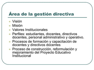 Área de la gestión directiva
 Visión
 Misión
 Valores Institucionales
 Perfiles: estudiantes, docentes, directivos
doc...