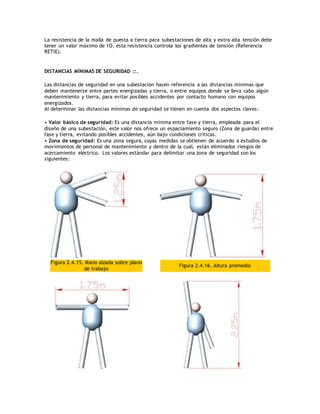La resistencia de la malla de puesta a tierra para subestaciones de alta y extra alta tensión debe
tener un valor máximo de 1O, esta resistencia controla los gradientes de tensión (Referencia
RETIE).
DISTANCIAS MÍNIMAS DE SEGURIDAD ::.
Las distancias de seguridad en una subestación hacen referencia a las distancias mínimas que
deben mantenerse entre partes energizadas y tierra, o entre equipos donde se lleva cabo algún
mantenimiento y tierra, para evitar posibles accidentes por contacto humano con equipos
energizados.
Al determinar las distancias mínimas de seguridad se tienen en cuenta dos aspectos claves:
• Valor básico de seguridad: Es una distancia mínima entre fase y tierra, empleada para el
diseño de una subestación, este valor nos ofrece un espaciamiento seguro (Zona de guarda) entre
fase y tierra, evitando posibles accidentes, aún bajo condiciones críticas.
• Zona de seguridad: Es una zona segura, cuyas medidas se obtienen de acuerdo a estudios de
movimientos de personal de mantenimiento y dentro de la cual, están eliminados riesgos de
acercamiento eléctrico. Los valores estándar para delimitar una zona de seguridad son los
siguientes:
Figura 2.4.15. Mano alzada sobre plano
de trabajo
Figura 2.4.16. Altura promedio
 