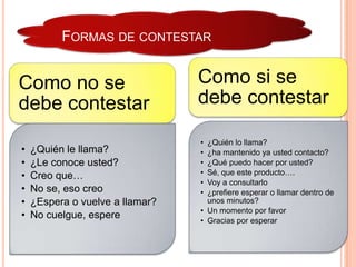 FORMAS DE CONTESTAR
Como no se
debe contestar
• ¿Quién le llama?
• ¿Le conoce usted?
• Creo que…
• No se, eso creo
• ¿Espera o vuelve a llamar?
• No cuelgue, espere
Como si se
debe contestar
• ¿Quién lo llama?
• ¿ha mantenido ya usted contacto?
• ¿Qué puedo hacer por usted?
• Sé, que este producto….
• Voy a consultarlo
• ¿prefiere esperar o llamar dentro de
unos minutos?
• Un momento por favor
• Gracias por esperar
 
