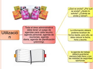 Utilizació
n
Toda el área administrativa
debe tener un juego de
agendas para cada asunto:
agenda personal, agenda de
reuniones, agenda
diaria, agenda de planificación
(planning).
¿Qué se anota? ¿Por qué
se anota? ¿Quién lo
solicita? ¿Cuándo se
anota y vence?.
La información deberá
poderse localizar de
forma rápida, para ello, se
debe colocar la fecha,
hora y asunto.
la agenda de trabajo
deberá guardarse
siempre bajo llave y con
las medidas de seguridad
oportunas.
 